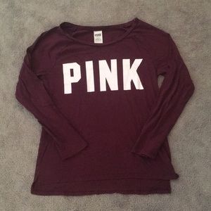 Pink Victoria’s Secret Logo Maroon Boat Neck Tee
